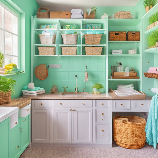 A bright and organized laundry room with a freshly painted mint green wall, white cabinets, and a DIY shelving unit made from reclaimed wood, surrounded by baskets and hanging organizers.