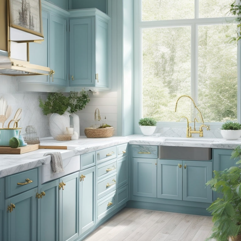 A serene kitchen scene featuring soft aqua-blue cabinets, white marble countertops, and golden hardware, surrounded by lush greenery and warm natural light, with a few elegant printables adorning the walls.