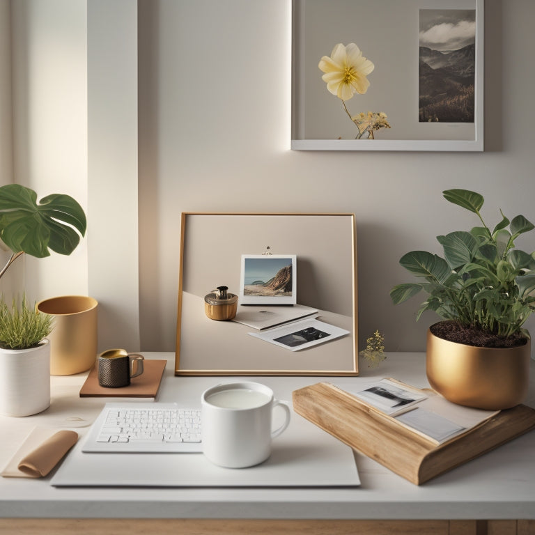 A serene, minimalist desk with a few, neatly organized photography albums and a sleek laptop, surrounded by a few framed photos and a small potted plant, against a soft, creamy background.