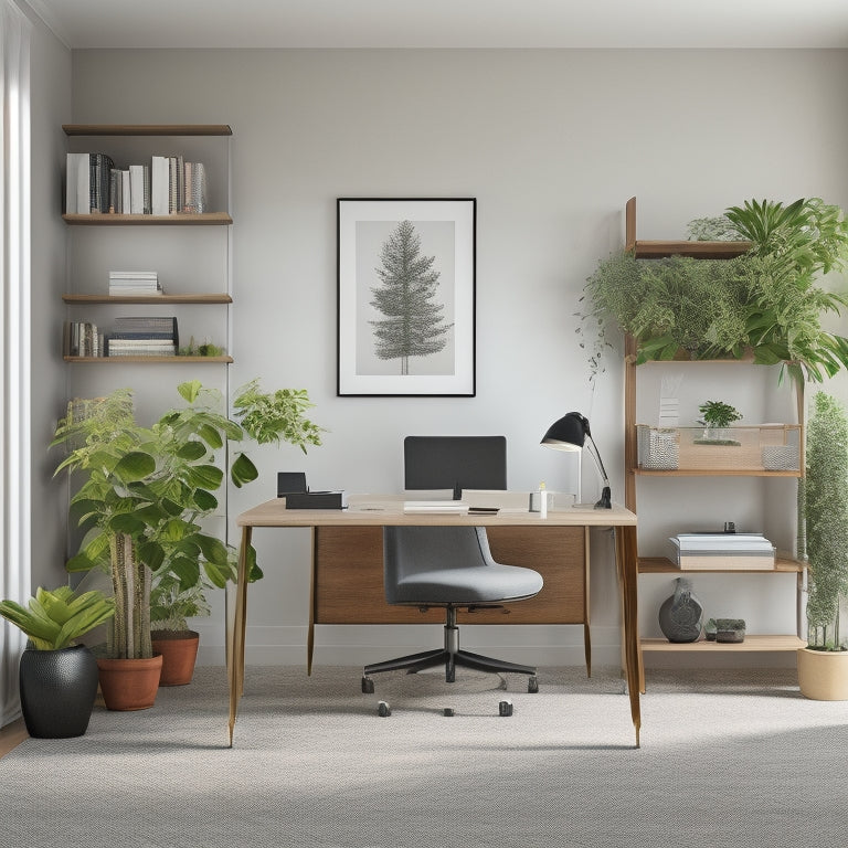 A minimalist, clutter-free home office with a sleek, ergonomic desk, a comfortable, high-backed chair, and a floor-to-ceiling bookshelf with neatly organized files and a few, carefully-placed plants.