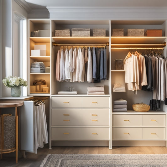 A serene, well-lit closet interior with a mix of open shelves, drawers, and hanging rods, featuring a stylish island with a glass top, surrounded by elegant, minimalist clothing and accessories.