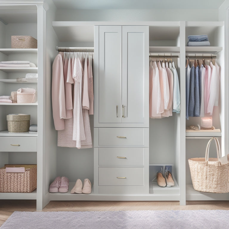 A serene, well-lit closet with soft pastel walls, showcasing a custom-built shelving system with labeled baskets, a tiered clothing rack, and a designated area for a diapering station.