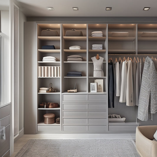 A sleek, modern walk-in closet with floor-to-ceiling shelves, drawers, and rods in a warm wood tone, surrounded by a calming gray and white color scheme, with a few stylish outfits on display.