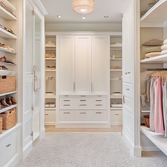 A serene, light-filled walk-in closet in a Northern Virginia home, with creamy white walls, rich wood accents, and custom shelving, featuring a floor-to-ceiling shoe rack and a central island with drawer storage.