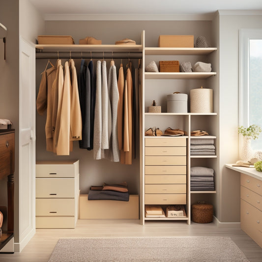 A serene, minimalist closet interior with soft, warm lighting, featuring a double rod with neatly organized clothes, a shoe rack, and a storage ottoman with a few accessories on top.