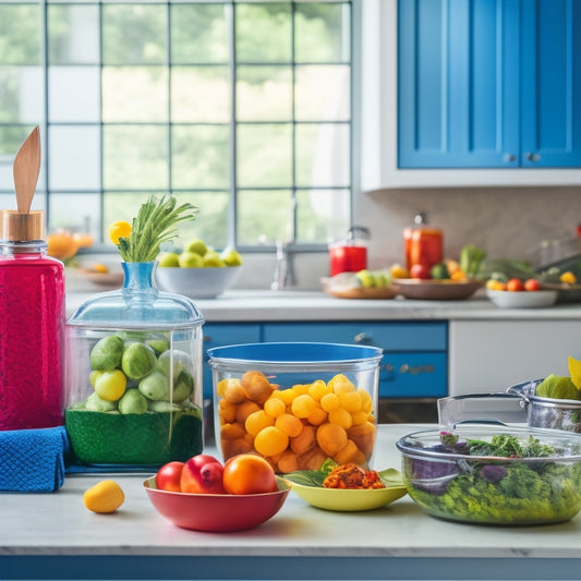 A clean and organized kitchen counter with a variety of colorful fruits and vegetables, a set of matching glass containers, and a few essential cooking utensils, all arranged in a harmonious and inviting way.