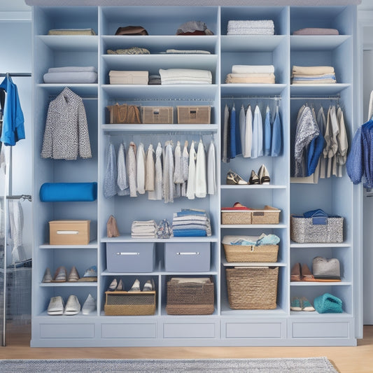A tidy closet interior with multiple shelves, drawers, and rods, showcasing various DIY organizer kits, including stackable bins, hanging organizers, and a shoe rack, set against a light gray background.