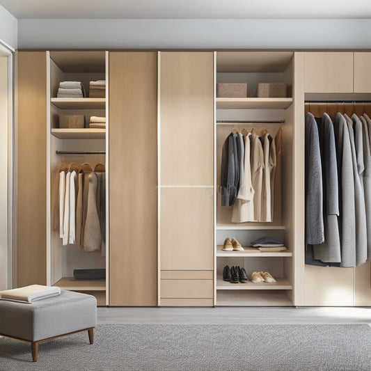 A minimalist, modern closet with a floor-to-ceiling sliding door, featuring a compact shelving unit, a hanging rod with double layers, and a built-in storage bench with a soft, cushioned seat.