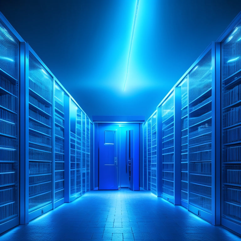 A futuristic, sleek, and minimalist storage unit with glowing blue shelves, surrounded by swirling clouds of digitized documents, and a few floating invoices with glowing green checkmarks.