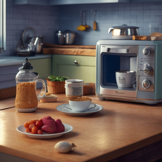 A cluttered kitchen countertop with a toaster, blender, and coffee maker pushed to the edges, leaving a small, empty, and dusty corner space with a few crumbs and a forgotten paper clip.