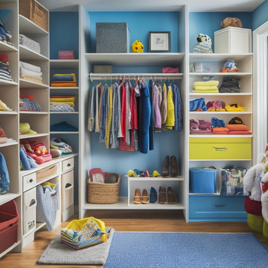 A tidy kid's closet with a mix of open shelving and closed storage bins, a few toys and clothes neatly arranged, with a small, colorful rug and a few framed artwork on the walls.