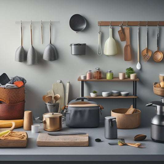 An organized kitchen counter with various hooks of different shapes and sizes holding utensils, bags, and accessories, against a light-gray background with warm, natural lighting.