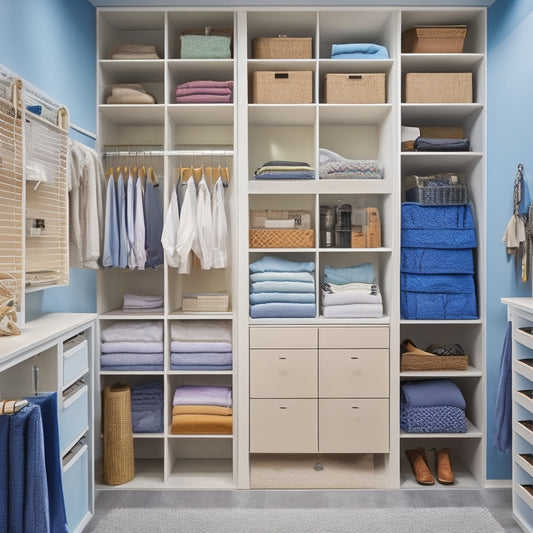 A tidy closet with a mix of open shelves, drawers, and hanging rods, featuring a level, tape measure, hammer, bins, and a label maker, against a soft, calming background.