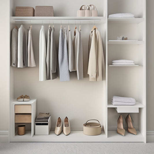 A serene, minimalist closet with a neutral-toned backdrop, featuring a few, thoughtfully curated garments on a sleek, modern rack, and a few shoes arranged artfully on a shelf, with plenty of negative space.