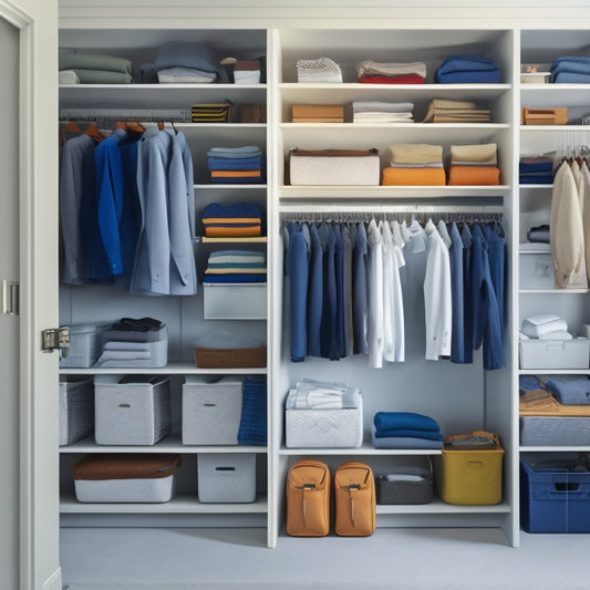 A tidy, minimalist closet with rows of identical, neatly hung school uniforms, paired with matching backpacks and organized shelves of labeled bins and baskets.