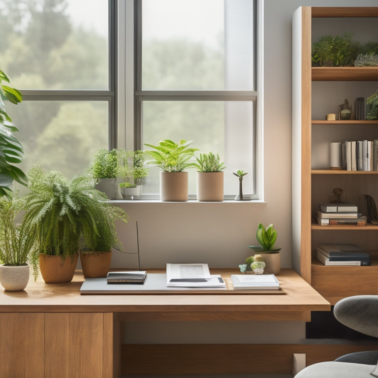 A serene, minimalist home office with a wooden desk, a tidy bookshelf, and a file organizer on the wall, surrounded by calming plants and a subtle natural light filtering through a window.