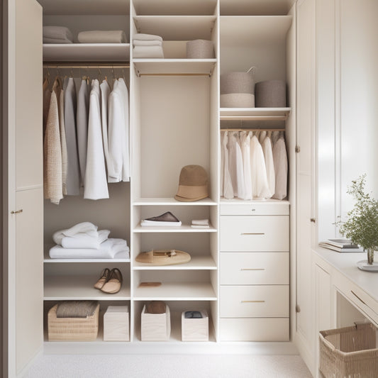 A serene, minimalist closet interior with a neutral color palette, featuring a few neatly organized clothing items, shelves, and a sleek storage system, bathed in soft, natural light.