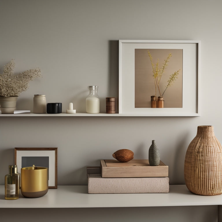 A serene, well-lit room with a few, carefully curated items on a minimalist shelf, surrounded by empty space, and a subtle hint of a grid or chart on a nearby wall.