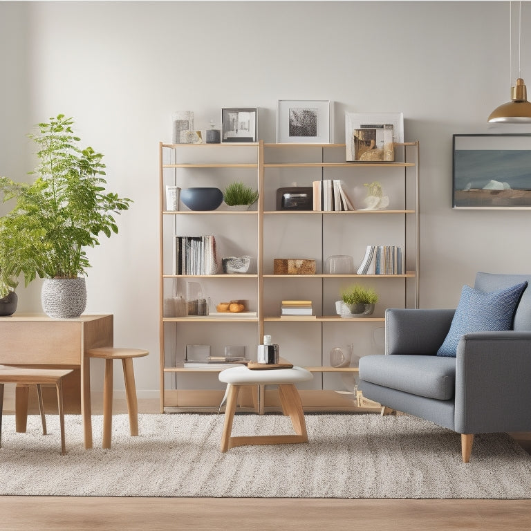 A tidy, modern living room with a sleek, wall-mounted shelving unit, a storage ottoman, and a compact, foldable desk, surrounded by neatly organized decorative items and minimal clutter.