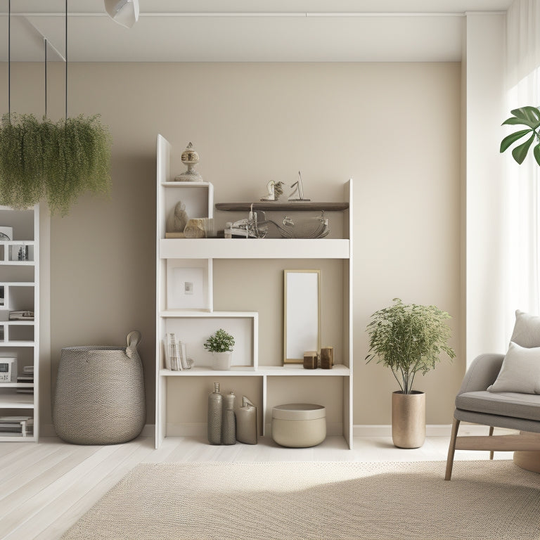 A serene, minimalist living room with a neutral color palette, featuring a few, carefully placed decorative objects, and a sleek, modular shelving unit with labeled storage bins.