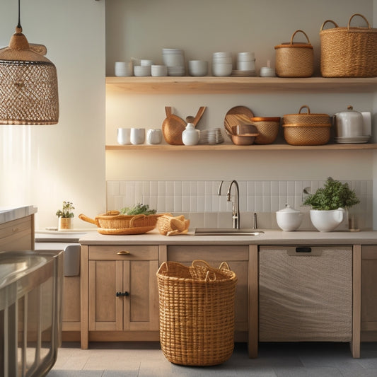 A serene, well-lit kitchen with sleek, minimalist cabinets, a few strategically-placed woven baskets, and a utensil organizer on the countertop, surrounded by a few, carefully-chosen decorative items.