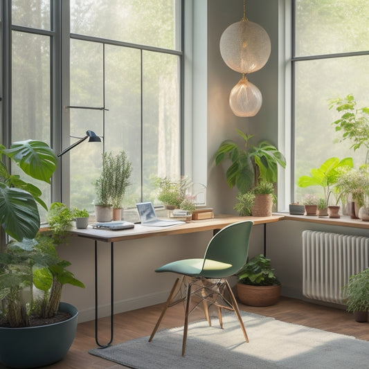 An organized bedroom with a minimalist desk, a comfortable ergonomic chair, and a floor lamp, surrounded by lush green plants, with a soft, natural light pouring in through a large window.