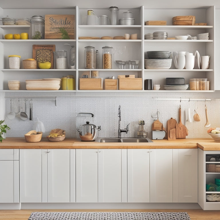 A clutter-free, compact kitchen with a wall-mounted pegboard holding utensils, a pull-out spice rack, and a slide-out trash can, surrounded by sleek, space-saving cabinets and drawers.