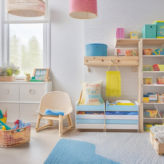 A colorful, clutter-free playroom with a loft bed, featuring a wooden crate shelving unit, woven baskets, and a pegboard with hanging toy bins, all against a soft, white background.