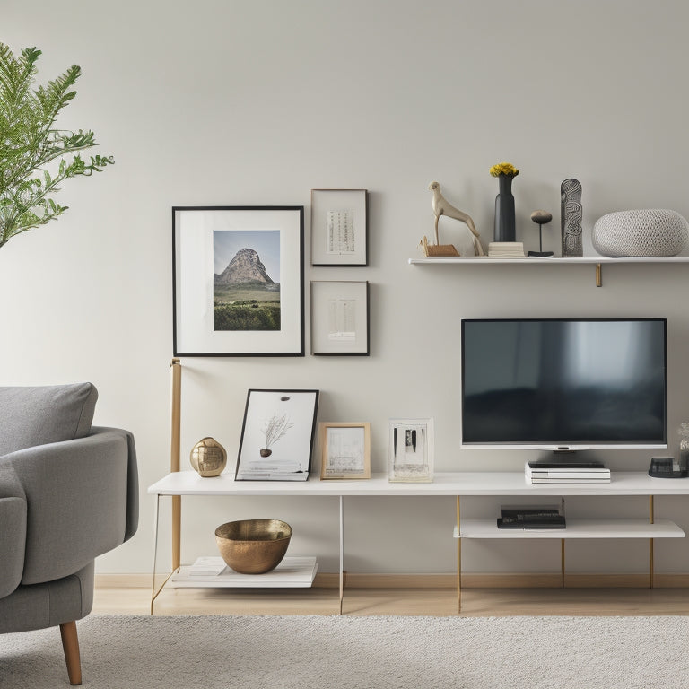 A serene, minimalist living room with a sleek, wall-mounted tablet displaying a digital calendar, surrounded by organized shelves, a tidy desk, and a few, carefully-placed, modern decorative items.
