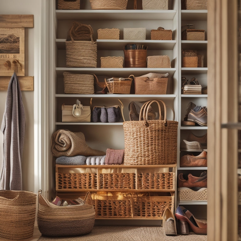 A tidy closet with a mix of open shelves, baskets, and hanging rods, featuring repurposed crates, woven bins, and a DIY shoe organizer made from a wooden ladder.