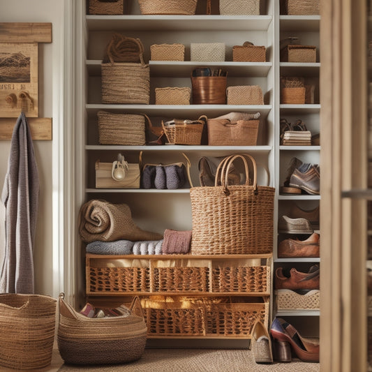 A tidy closet with a mix of open shelves, baskets, and hanging rods, featuring repurposed crates, woven bins, and a DIY shoe organizer made from a wooden ladder.