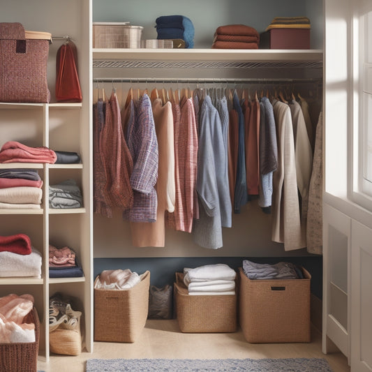 A tidy, compact college dorm room closet with a mix of shelves, bins, and hanging rods, showcasing a variety of clothing and storage containers in a warm, natural light setting.