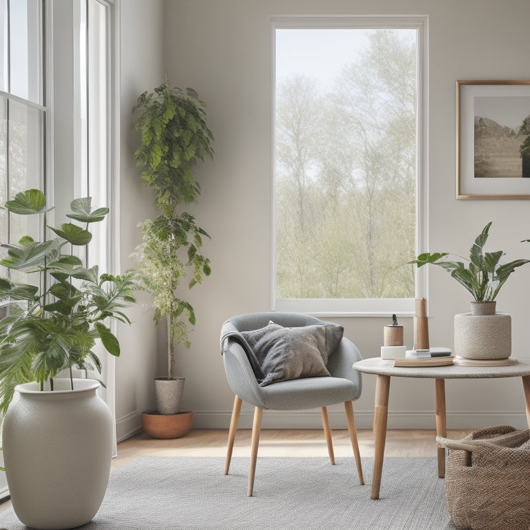 A serene, decluttered room with natural light, featuring a few select, modern furniture pieces, a single potted plant, and a subtle, neutral color palette, conveying a sense of calm and simplicity.