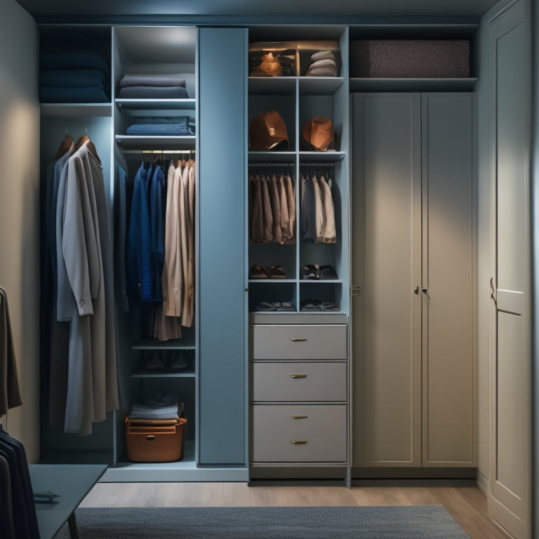 A serene, dimly lit closet interior with sleek, minimalist shelving and drawers, where folded clothes are stacked in neat, color-coded piles, surrounded by sparse, modern decor.