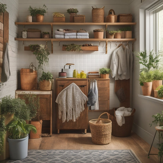 A tidy, well-lit laundry room with a repurposed wooden crate shelving unit, wicker baskets, and a pegboard with hooks, surrounded by neatly folded clothes and a few potted plants.