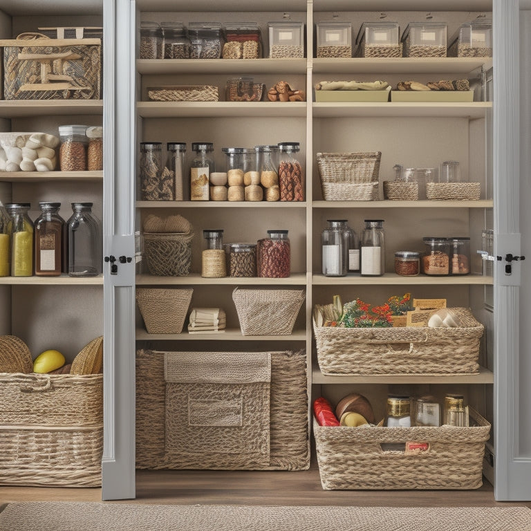 An organized pantry with multi-tiered wooden shelves, wicker baskets, and metal spice racks, featuring a mix of open and closed storage, with a few culinary items and decorative accents.