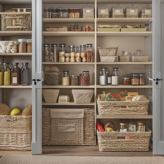 An organized pantry with multi-tiered wooden shelves, wicker baskets, and metal spice racks, featuring a mix of open and closed storage, with a few culinary items and decorative accents.