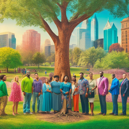 An illustration of diverse individuals from different cultural backgrounds gathered around a large, vibrant tree with roots spreading throughout the cityscape of Charlotte, symbolizing unity and support.