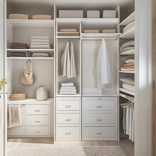 A serene, minimalist closet interior with soft, warm lighting, featuring Closetmaid's system: sleek, white shelves and drawers, neatly organized clothing, and a few, carefully placed accessories in a calming, natural color palette.