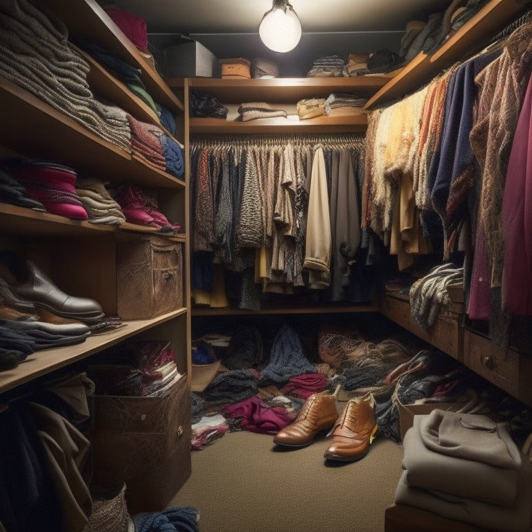 A cluttered closet interior with tangled clothes, scattered shoes, and fallen hangers, surrounded by dusty shelves and dim lighting, conveying a sense of overwhelming disorganization.