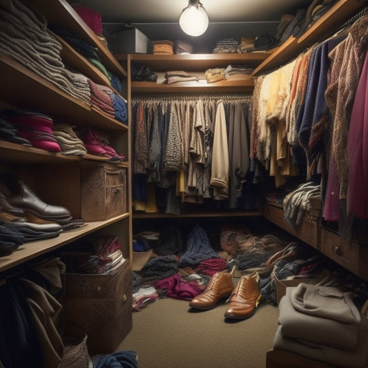 A cluttered closet interior with tangled clothes, scattered shoes, and fallen hangers, surrounded by dusty shelves and dim lighting, conveying a sense of overwhelming disorganization.