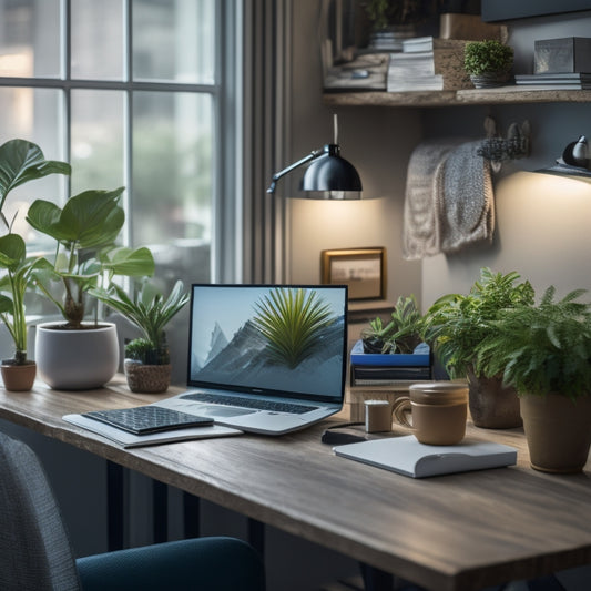 A serene, well-lit workspace with a tidy desk, a few organized files, and a small potted plant, surrounded by a blurred-out cluttered background, conveying a sense of calm focus.