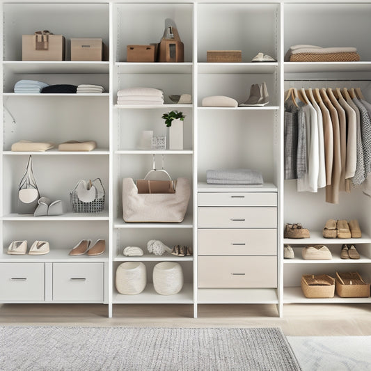 A serene, minimalist closet with creamy white walls, light wood shelves, and a plush area rug, featuring a mix of neatly arranged clothes, shoes, and accessories on sleek, silver rods and shelves.