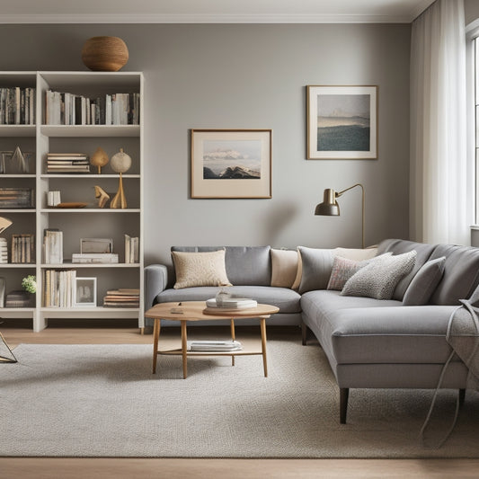 A serene, well-organized living room with a minimalist aesthetic, featuring a sleek, wall-mounted shelving unit, a plush area rug, and a few, carefully-placed decorative accents in a soothing color palette.