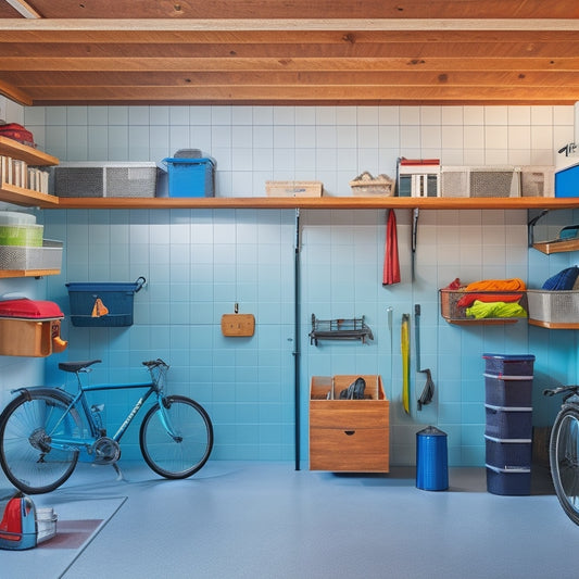 A clutter-free garage with a pegboard on the left wall, hooks holding bicycles and tools, and a shelf above with labeled bins, alongside a floor-to-ceiling storage unit with sliding doors.