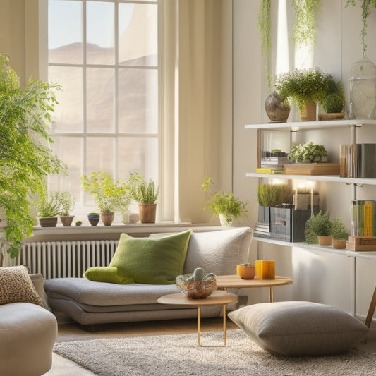 A serene and organized living room with a few strategically placed spring-themed decorations, a tidy bookshelf, and a minimalist workspace, illuminated by soft natural light streaming through a window.