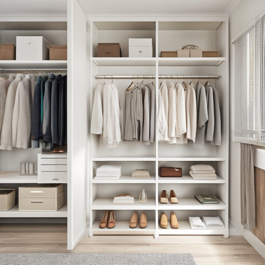 A bright, modern closet with Cream-colored walls, sleek silver shelves, and a minimalist wooden floor; a few neatly organized clothes, shoes, and accessories on display, with ample empty space.