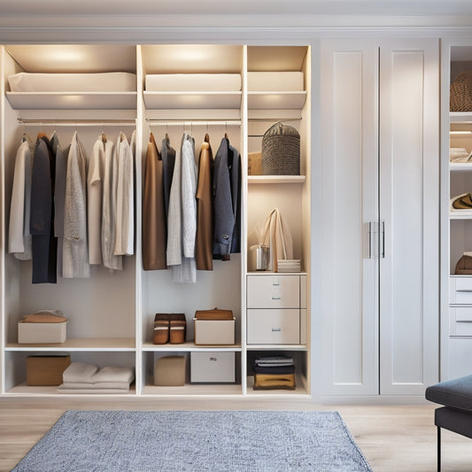A sleek, modern closet with creamy white walls, dark wood shelves, and polished chrome rods, featuring a mix of hanging rods, cubbies, and drawers, with soft, warm lighting.