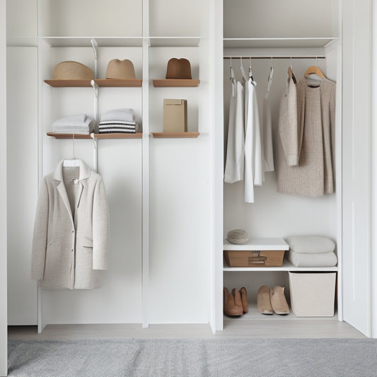 A minimalist closet with a few, stylish outfits on wooden hangers, surrounded by empty space, and a few storage bins with a subtle background of soft, natural light filtering through white curtains.