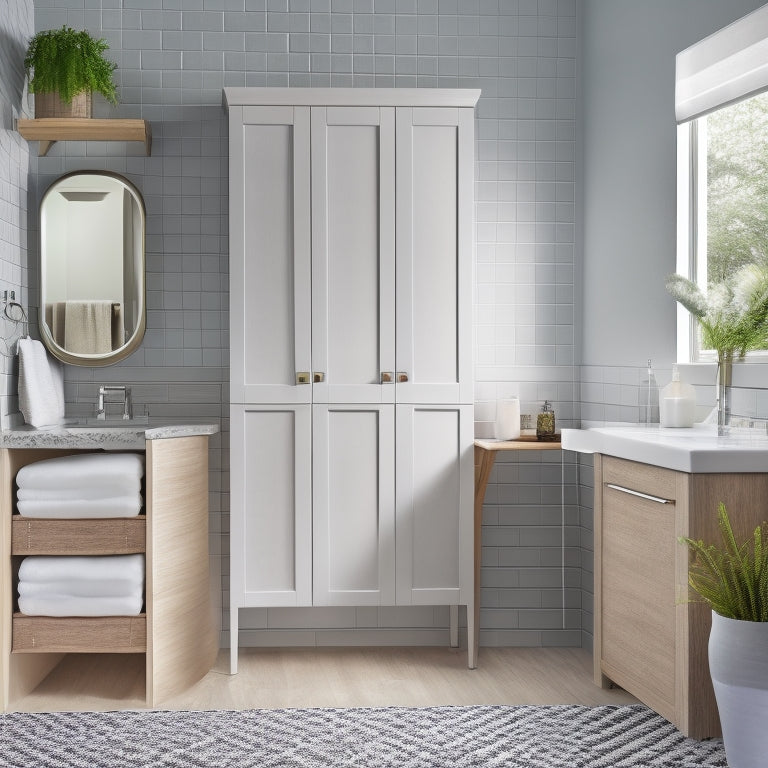 A serene, modern bathroom with a wall-mounted cabinet featuring a sliding mirrored door, a recessed shelf above the sink, and a woven basket storage unit beneath the vanity.